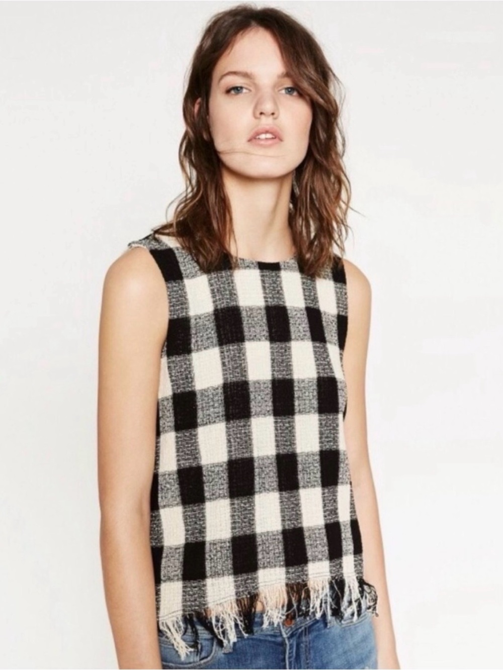 Zara Black & Cream Buffalo Check Sleeveless Top